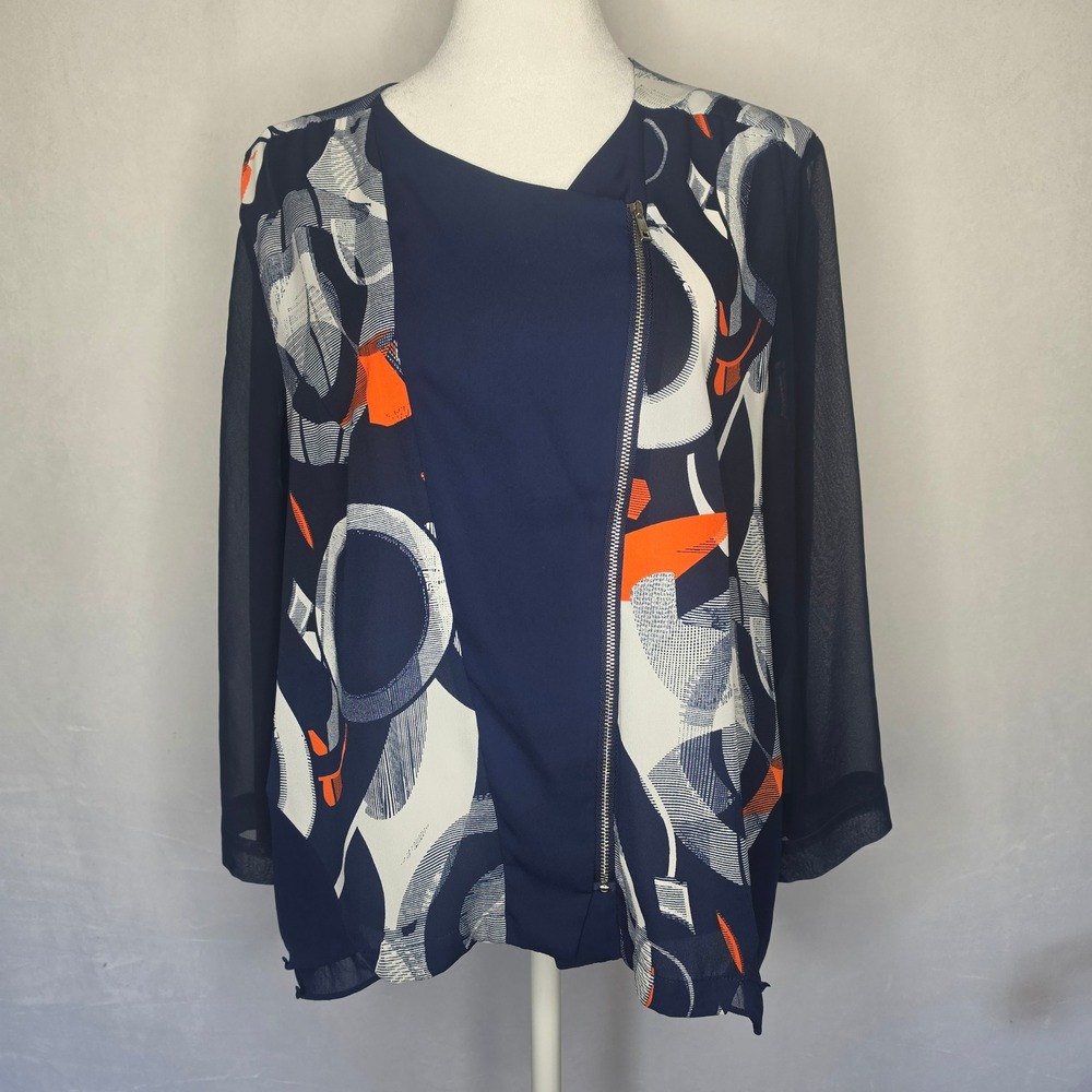 Chicos Navy Abstract Print Asymmetric Zip Blouse Sheer Sleeve size 2 - Picture 1 of 16